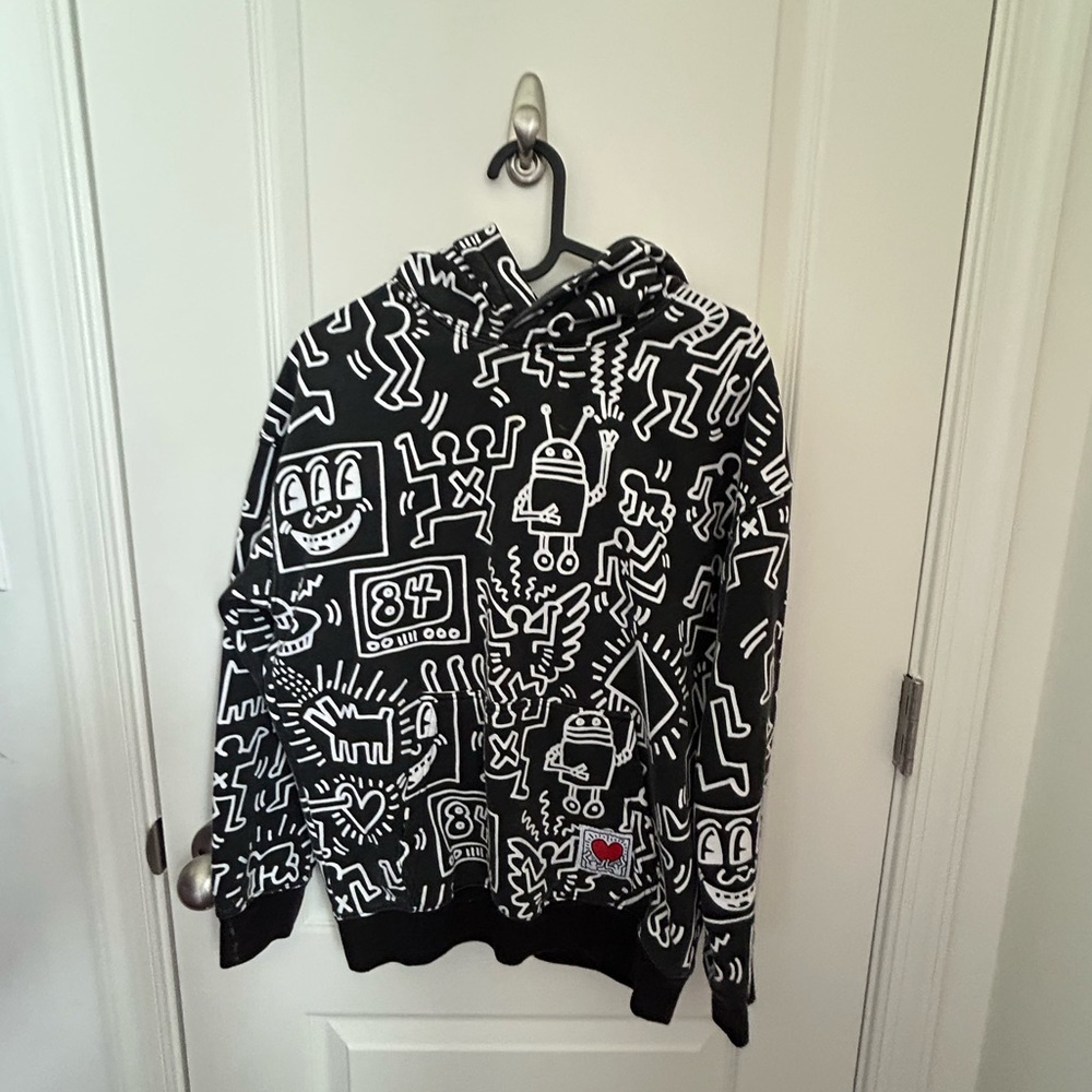 H&M Boys Hoodie Size 12/14 Black White Pullover Hooded Sweatshirt